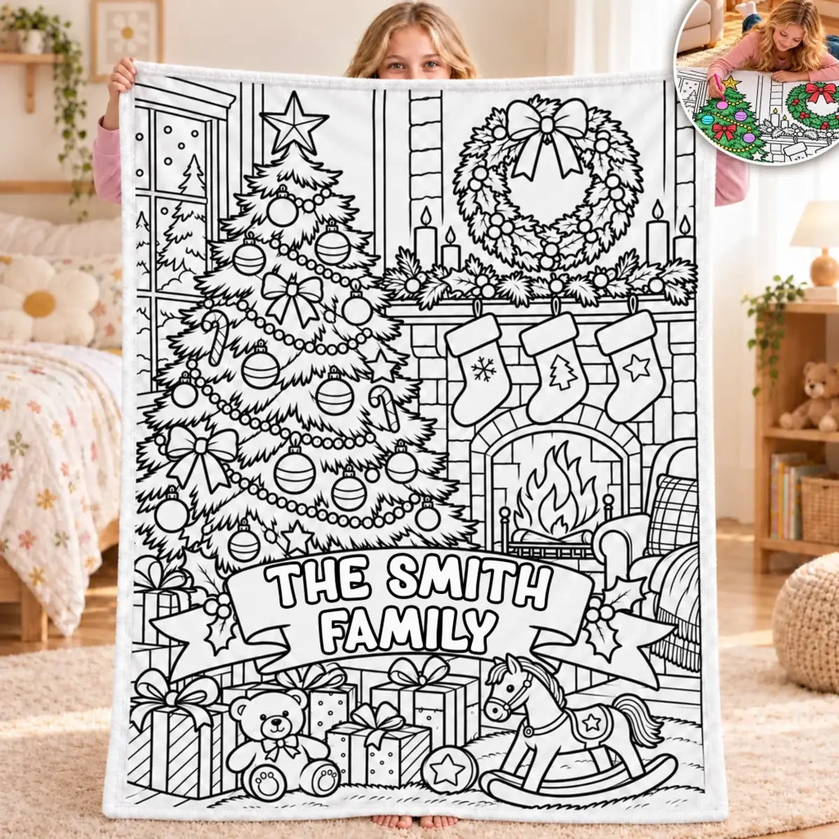 Christmas line-art doodle blanket with The Smith Family, a tree, fireplace, stockings and presents