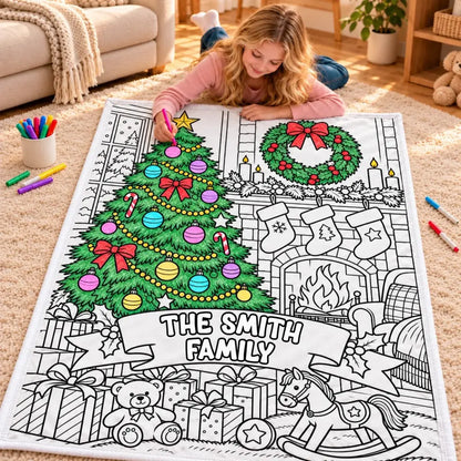 Coloring a Christmas family-name doodle blanket with a partly colored tree and wreath