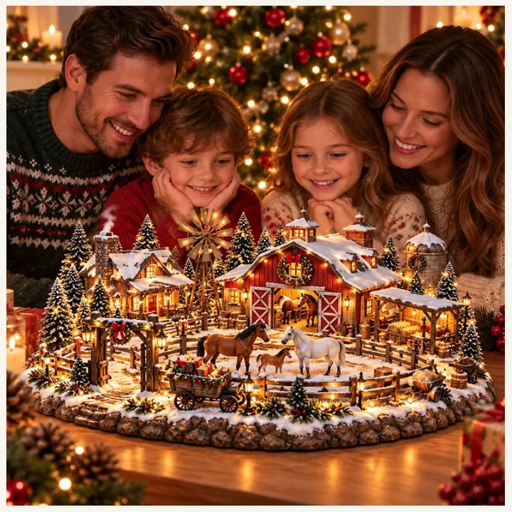 Promotional illustration of a snowy red horse stable village with horses, a windmill and warm-light styling, with a family behind the display.