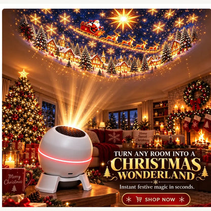 Promotional illustration of a Christmas projection light casting a festive village and Santa scene