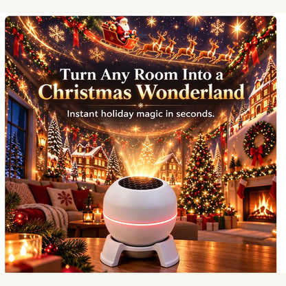 Christmas projection light promotional artwork with a holiday-room scene