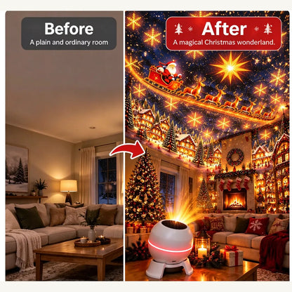 Illustrated before-and-after comparison of a room with Christmas projection lighting