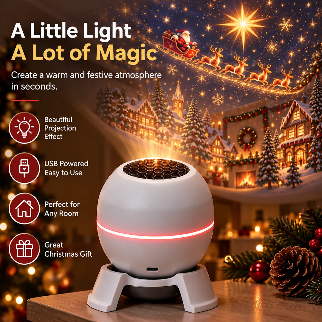 Promotional feature graphic for a compact USB-powered Christmas projection light