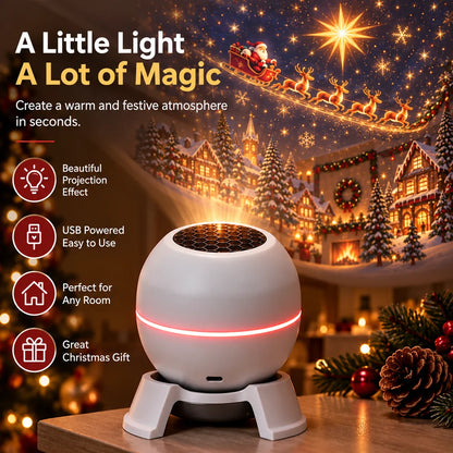 Promotional feature graphic for a compact USB-powered Christmas projection light