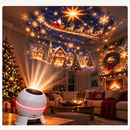 Illustrated Christmas-room scene with a projection light on a table