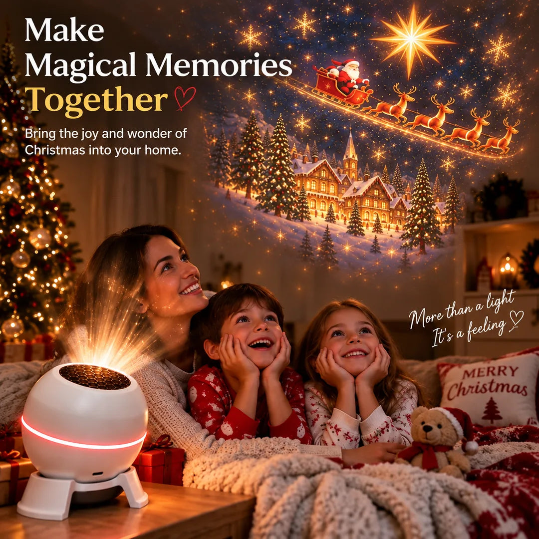 Promotional family scene beside a Christmas projection light