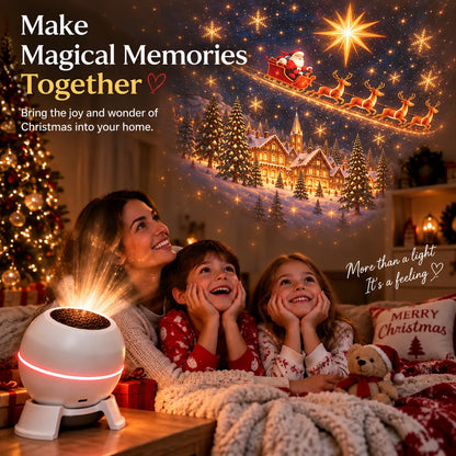 Promotional family scene beside a Christmas projection light
