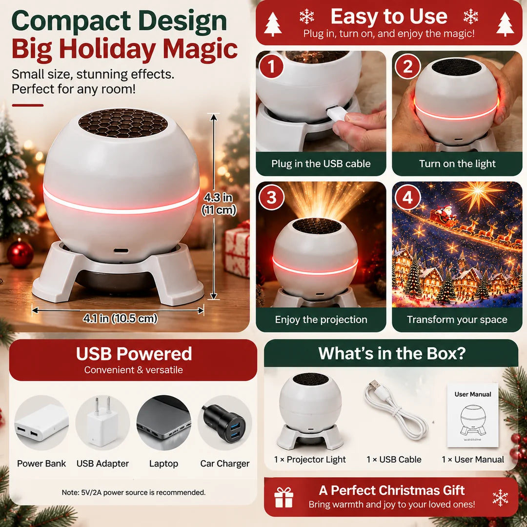 Product diagram with stated dimensions, USB power and package contents for a Christmas projection light