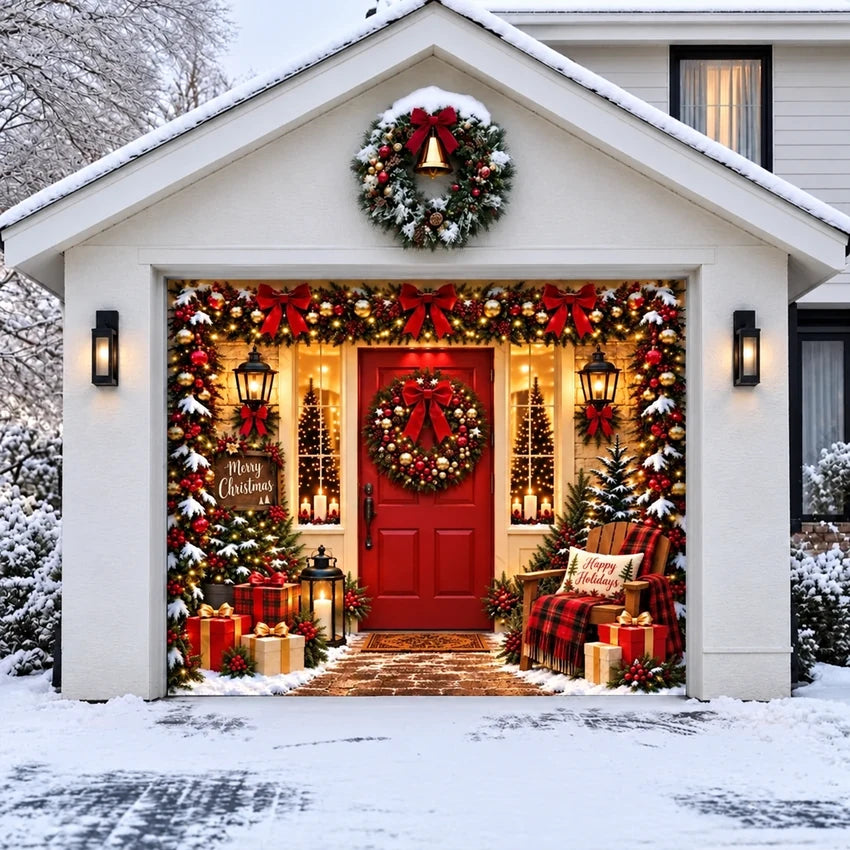 Christmas Welcome Christmas garage door cover showing a red entry door with wreaths and holiday decorations, single-door view.
