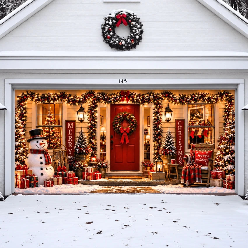 Christmas Welcome Christmas garage door cover showing a red entry door with wreaths and holiday decorations, double-door view.