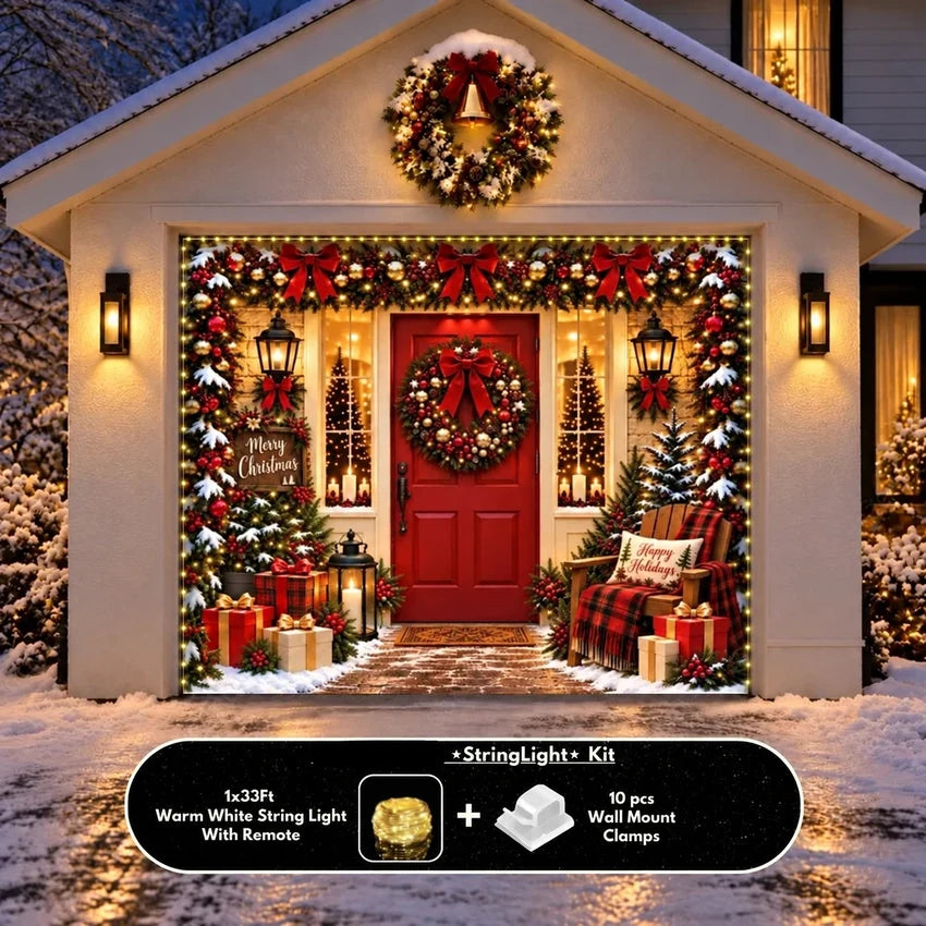Christmas Welcome Christmas garage door cover showing a red entry door with wreaths and holiday decorations, single-door view with optional string lights.