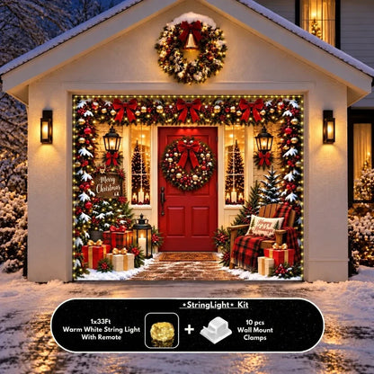 Christmas Welcome Christmas garage door cover showing a red entry door with wreaths and holiday decorations, single-door view with optional string lights.