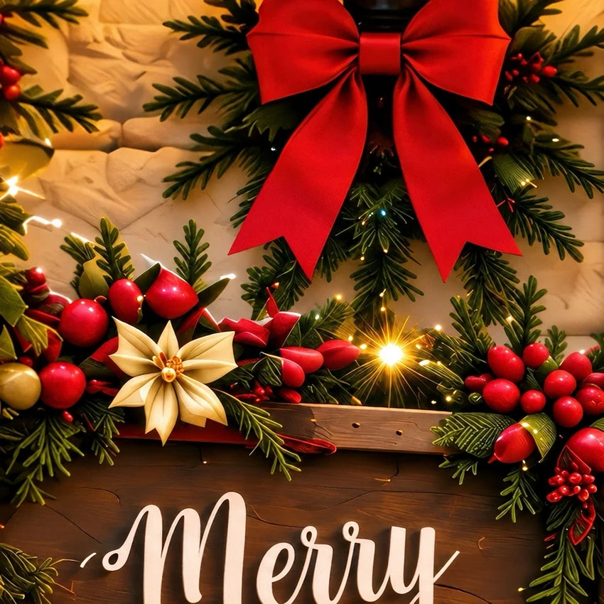 Christmas Welcome Christmas garage door cover showing a red entry door with wreaths and holiday decorations, artwork detail.