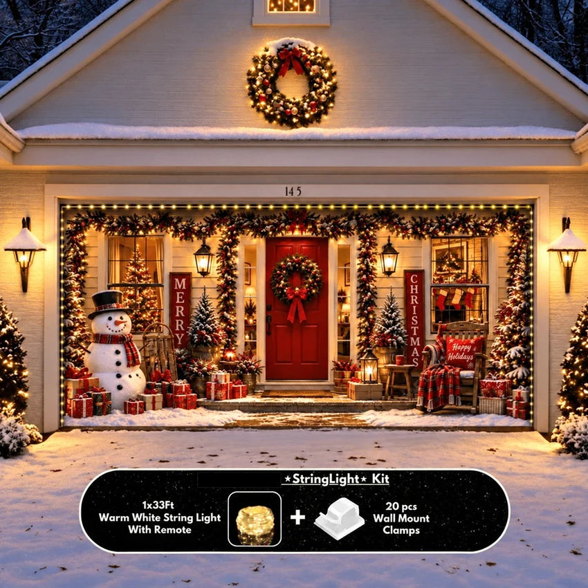Christmas Welcome Christmas garage door cover showing a red entry door with wreaths and holiday decorations, double-door view with optional string lights.