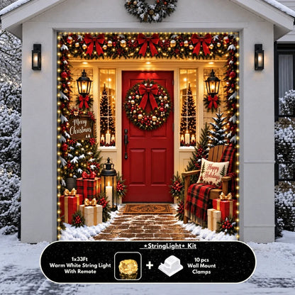 Christmas Welcome Christmas garage door cover showing a red entry door with wreaths and holiday decorations, single-door view with optional string lights.