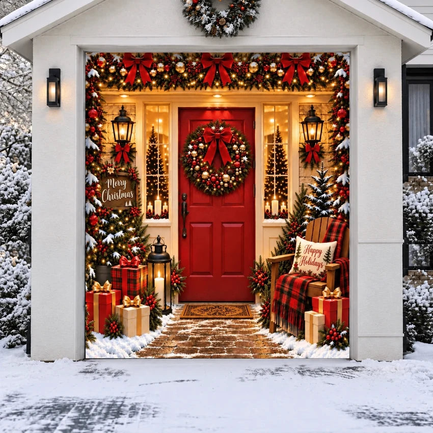 Christmas Welcome Christmas garage door cover showing a red entry door with wreaths and holiday decorations, single-door view.