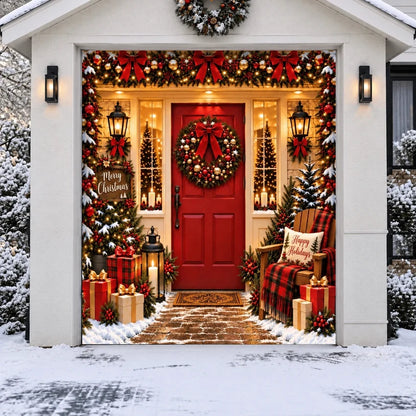 Christmas Welcome Christmas garage door cover showing a red entry door with wreaths and holiday decorations, single-door view.