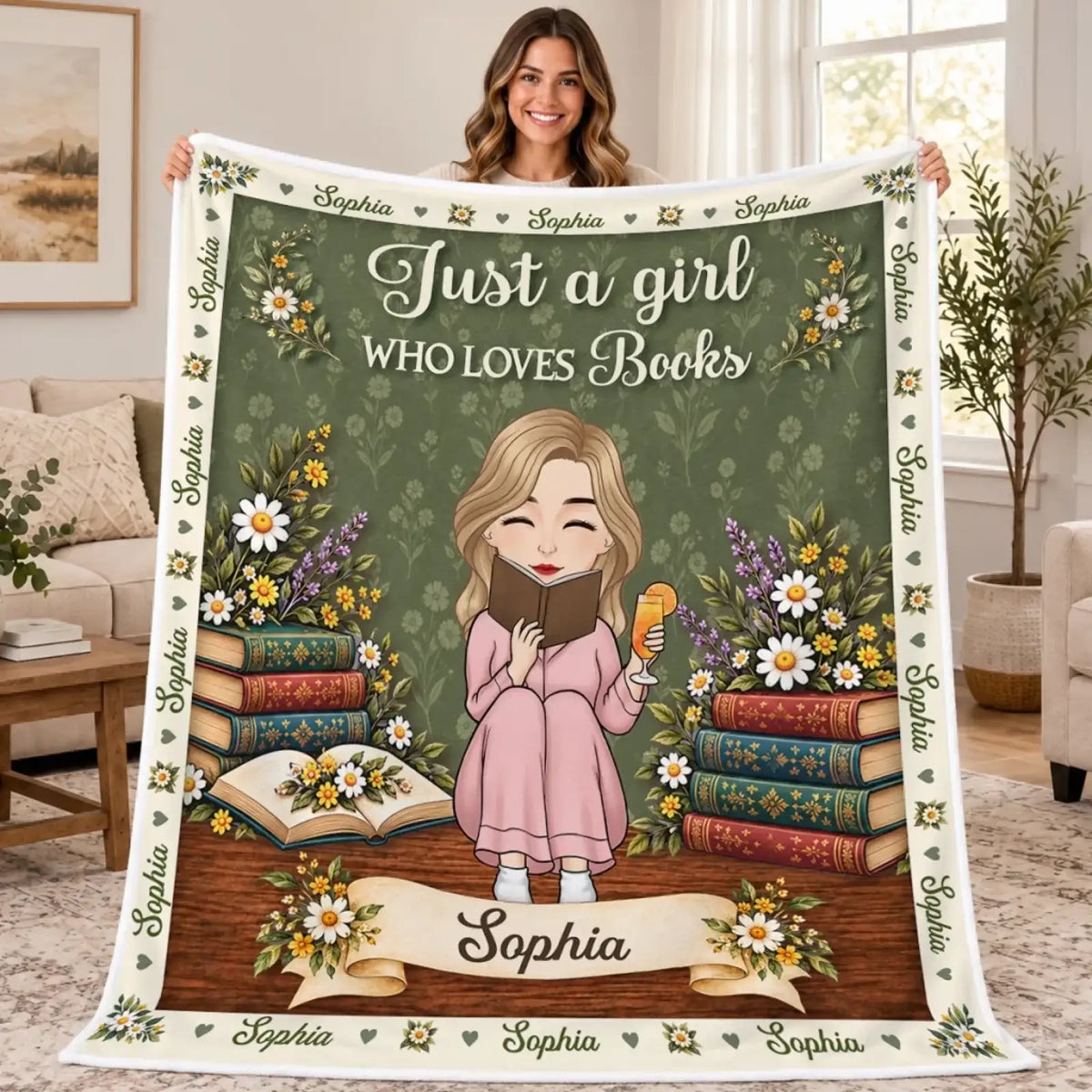 Custom-name floral storytime blanket with illustrated reader, books and Just a girl who loves books message