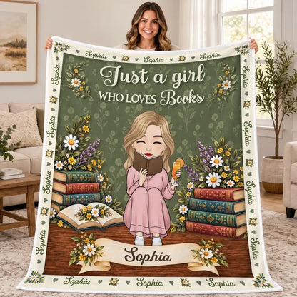 Custom-name floral storytime blanket with illustrated reader, books and Just a girl who loves books message