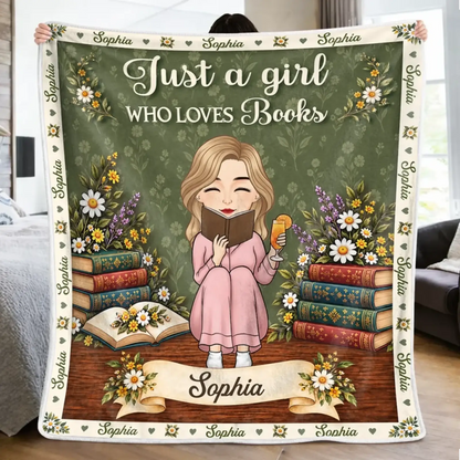 Floral book lover blanket with custom name displayed above and below a reading character