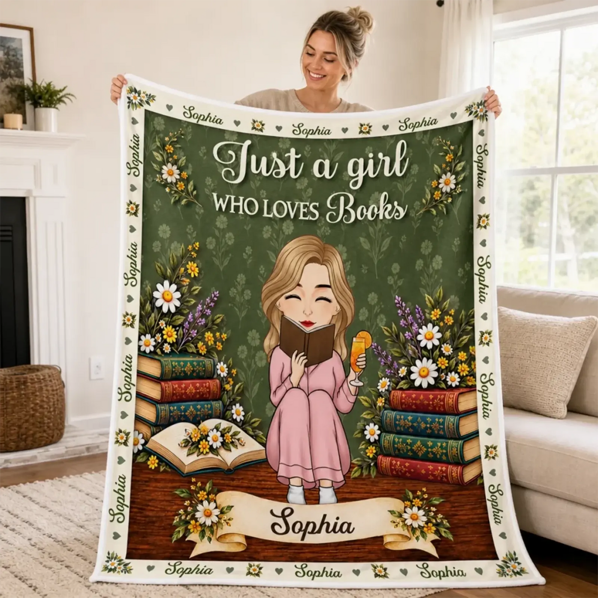 Custom-name floral reading blanket displayed in a bright living room