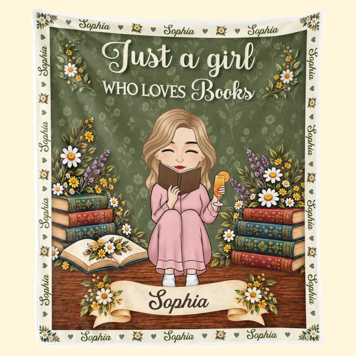 Full design of floral storytime blanket with green background, books, flowers and custom name
