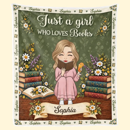 Full design of floral storytime blanket with green background, books, flowers and custom name