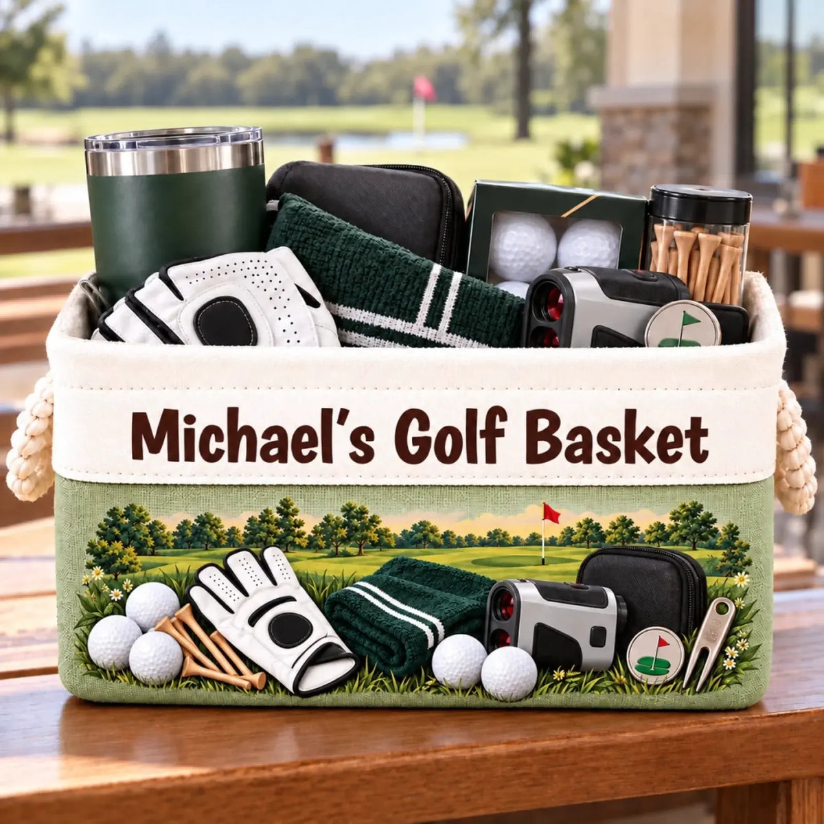 Beige golf storage basket with custom name example and golf course artwork