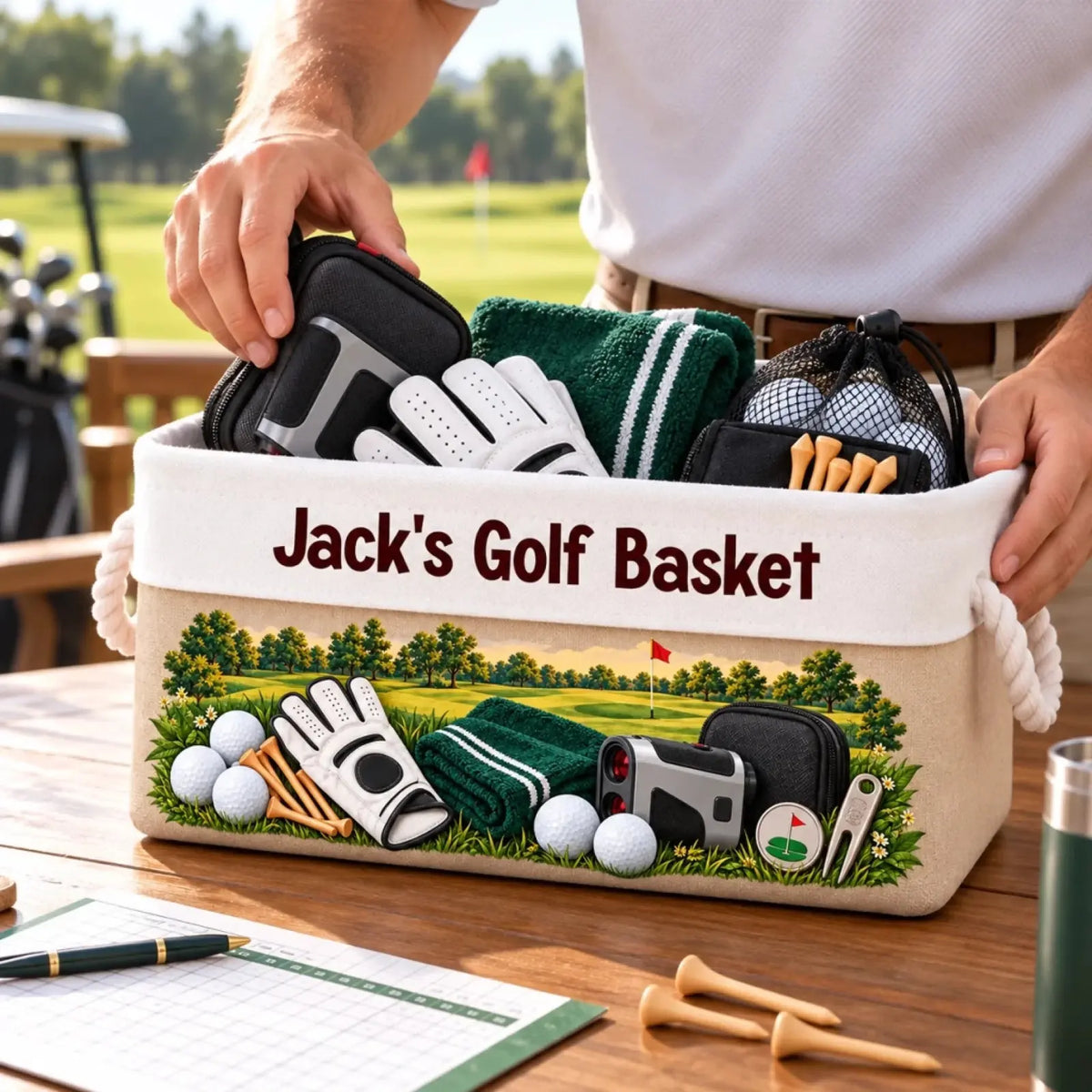 Personalized beige golf basket with rope handles and golf accessories