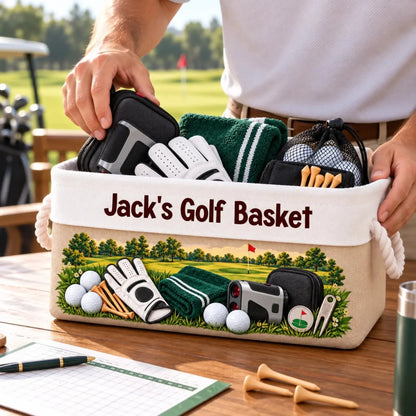 Personalized beige golf basket with rope handles and golf accessories