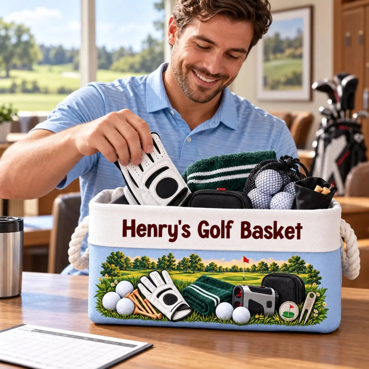 Light blue golf storage basket with custom name example and golf course artwork