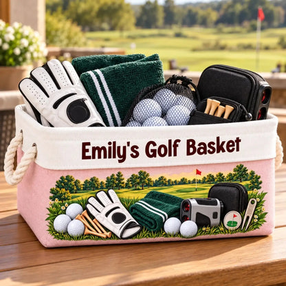Light pink golf storage basket with custom name example and golf course artwork