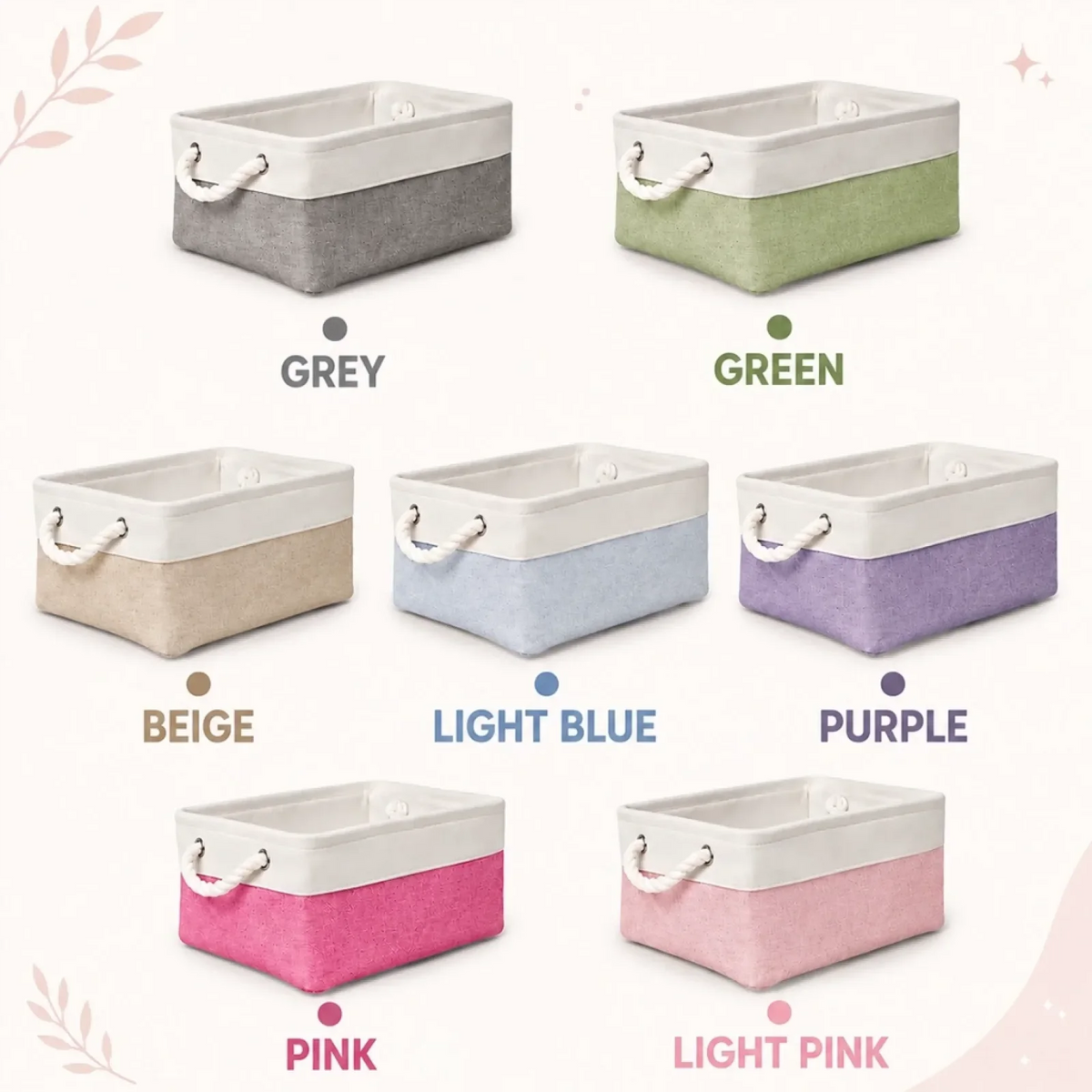 Storage basket color chart: Grey, Green, Beige, Light Blue, Purple, Pink and Light Pink