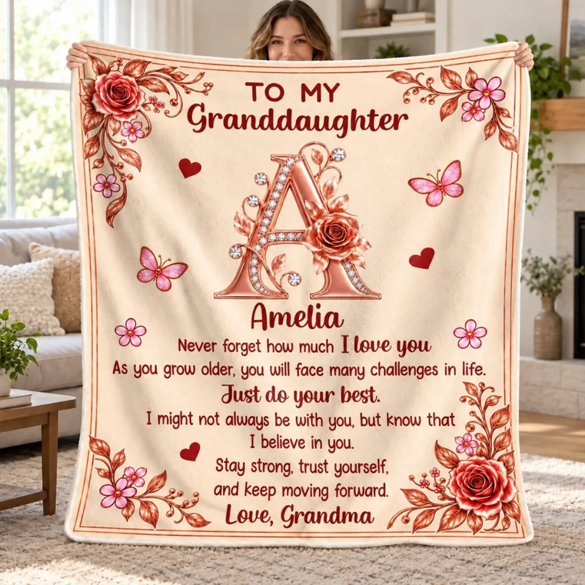 Custom name and initial Floral Love blanket with roses, butterflies and granddaughter message