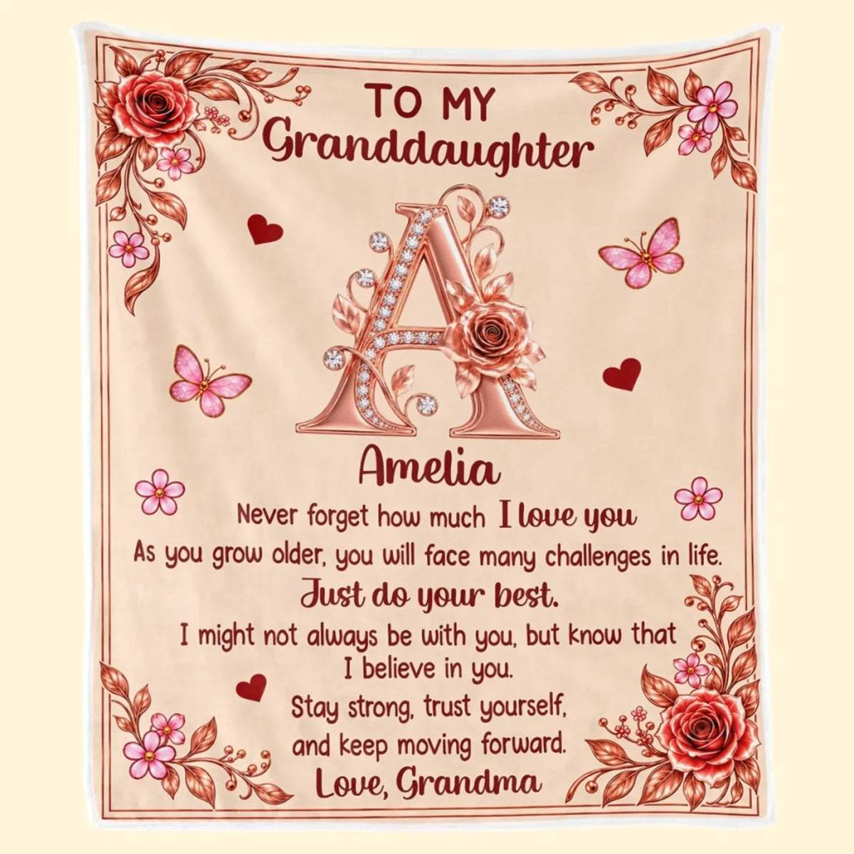 Full design of Floral Love initial blanket with custom name and Love Grandma sign-off