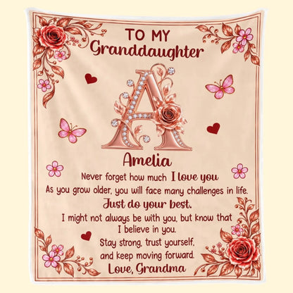Full design of Floral Love initial blanket with custom name and Love Grandma sign-off