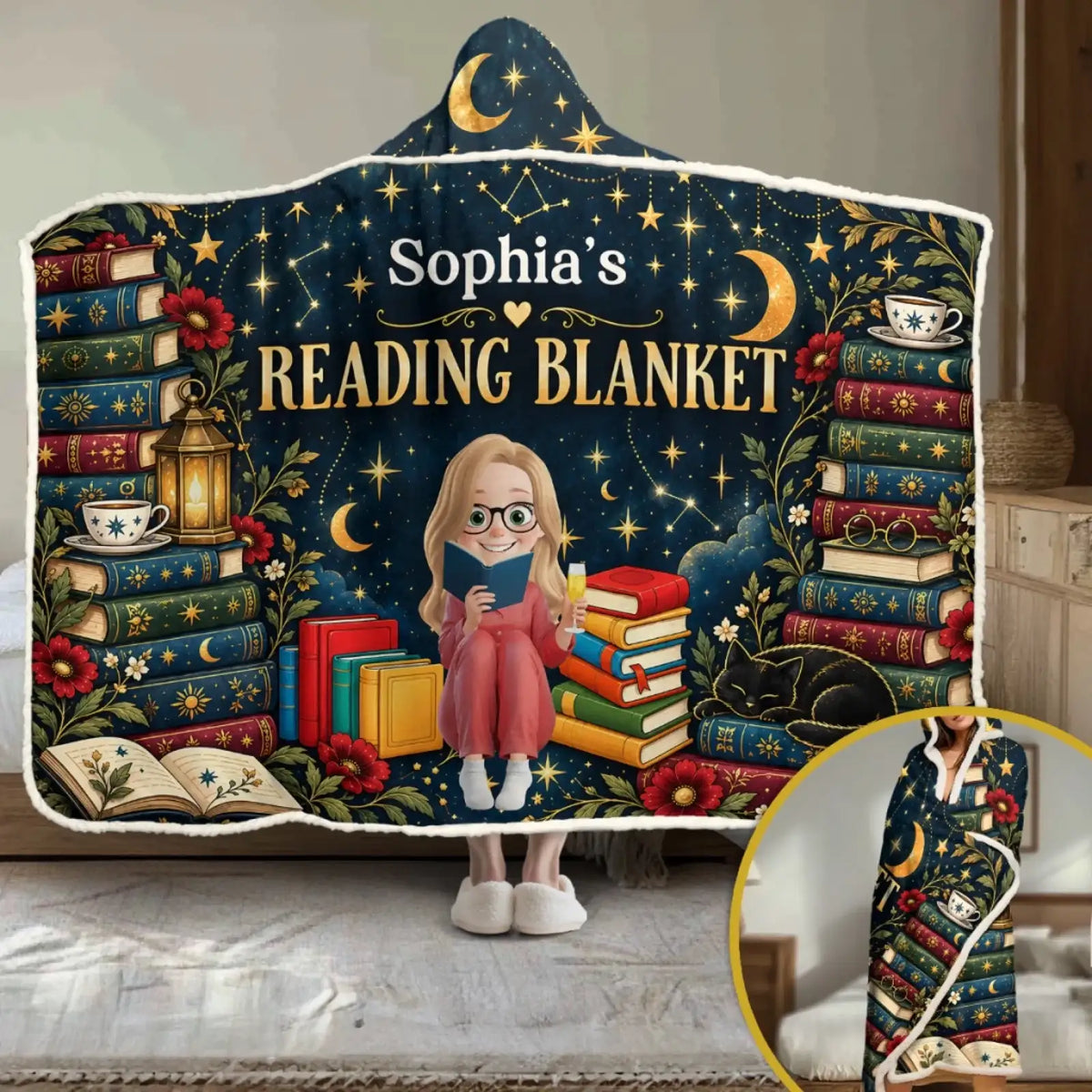 Custom-name reading snuggle blanket with books, illustrated reader, stars and a sleeping cat