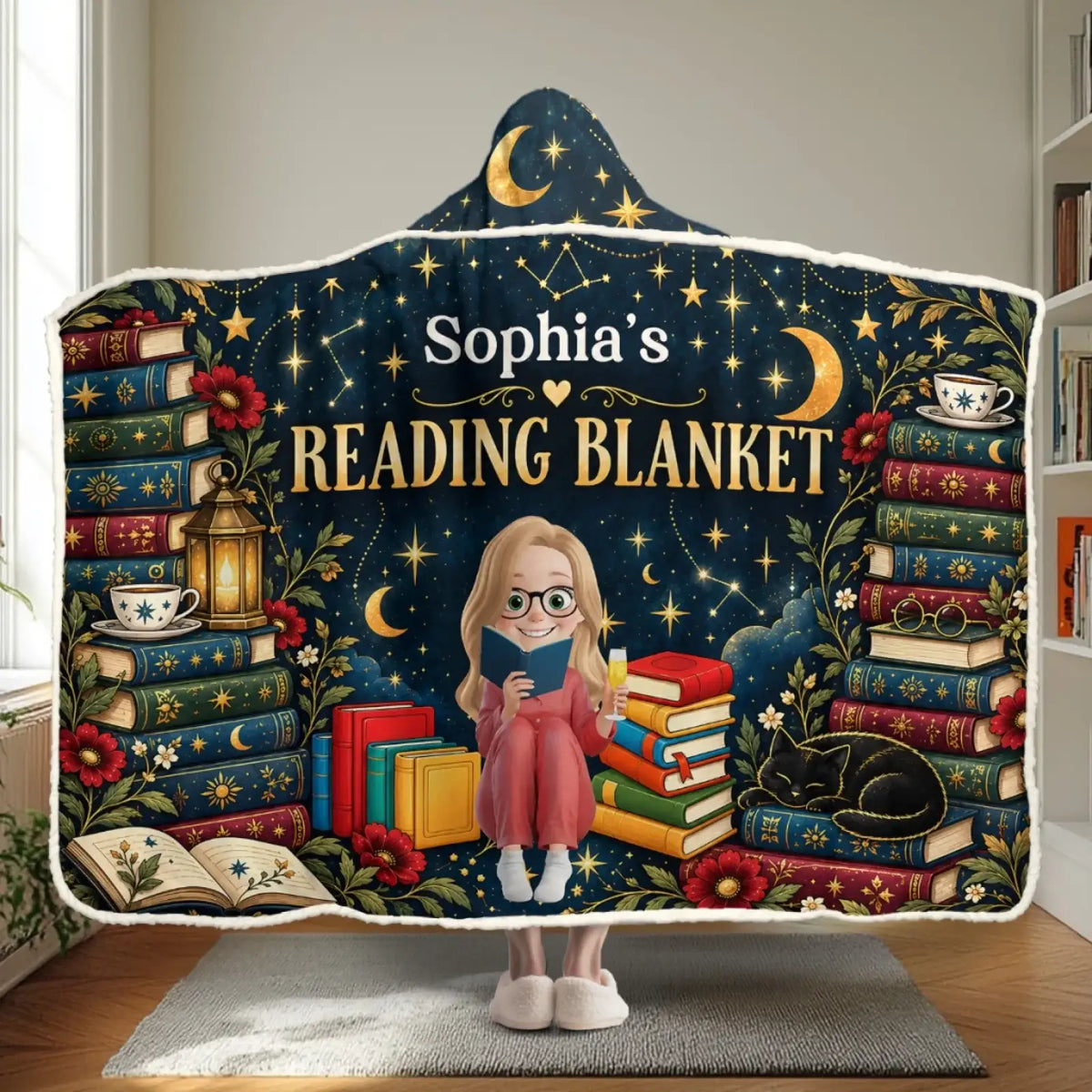 Full library-inspired reading snuggle blanket with custom name above Reading Blanket text