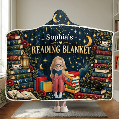 Full library-inspired reading snuggle blanket with custom name above Reading Blanket text