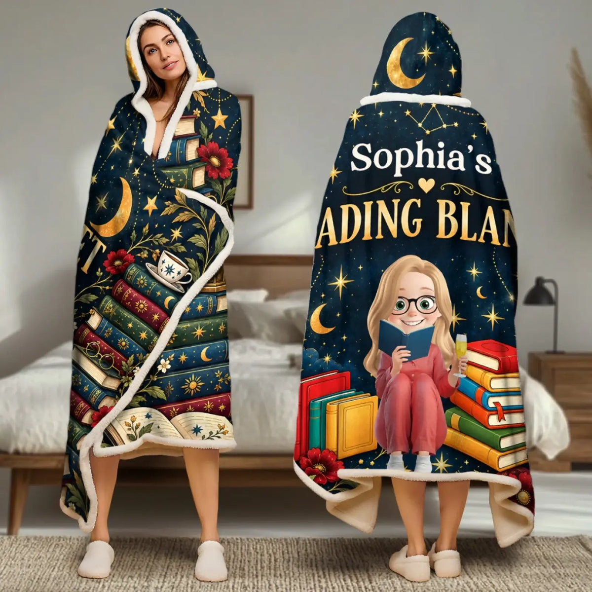Front and back wearable views of navy book-themed hooded snuggle blanket