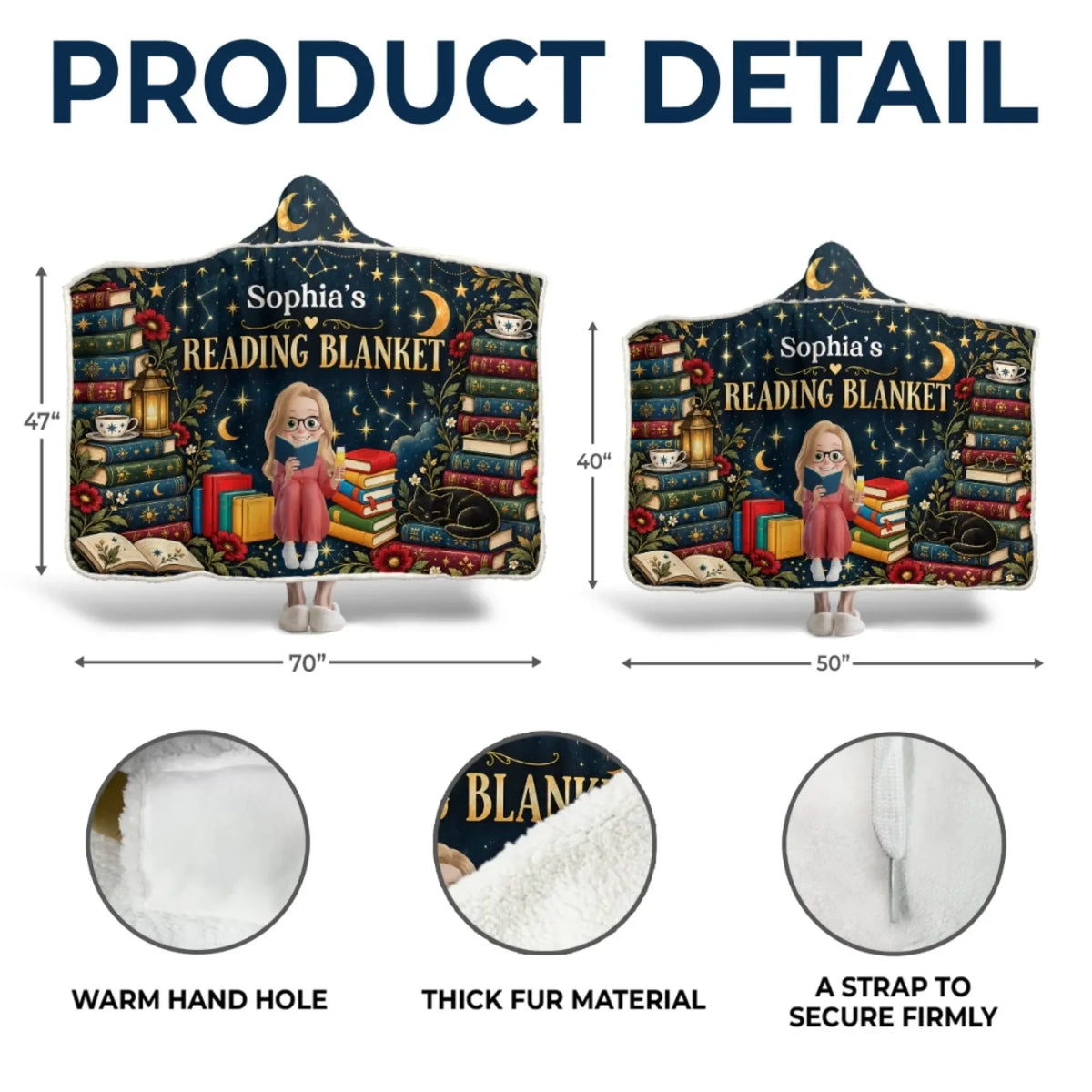 Reading snuggle blanket detail guide showing 50 by 40 and 70 by 47 inch sizes, hand openings, lining and fastening strap