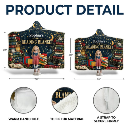 Reading snuggle blanket detail guide showing 50 by 40 and 70 by 47 inch sizes, hand openings, lining and fastening strap
