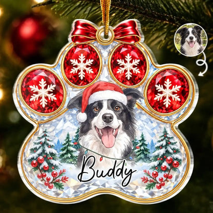 Paw-shaped Christmas acrylic ornament with custom pet photo and name, red bow and snowflake artwork
