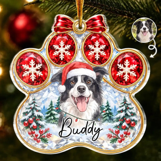 Paw-shaped Christmas acrylic ornament with custom pet photo and name, red bow and snowflake artwork