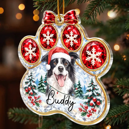 Custom pet photo paw ornament hanging on a Christmas tree