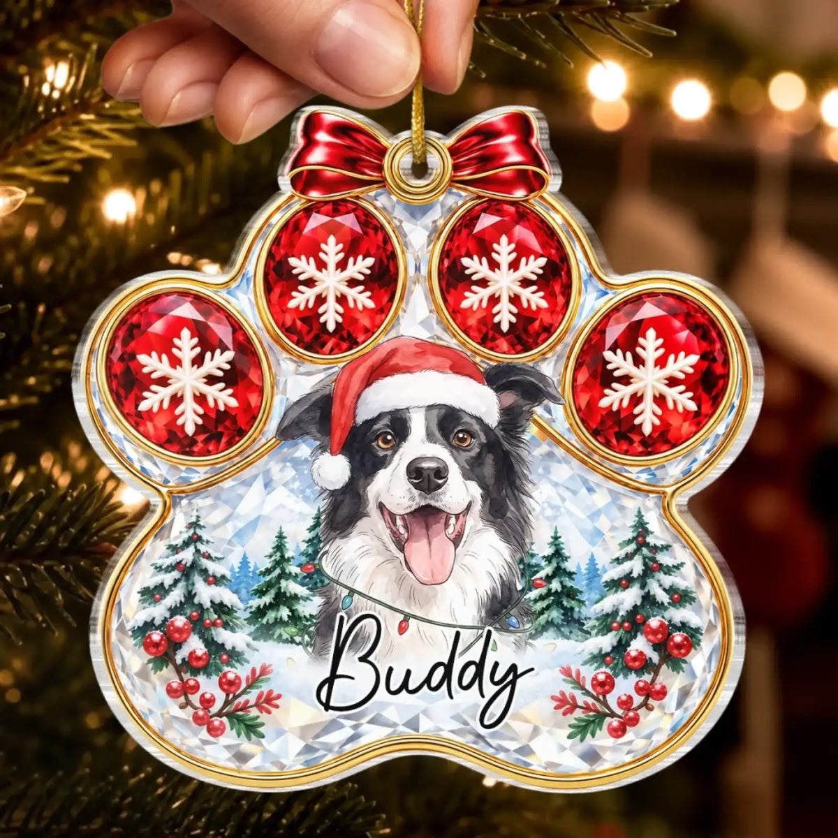 Hand holding a pet photo Christmas paw ornament by its hanging cord