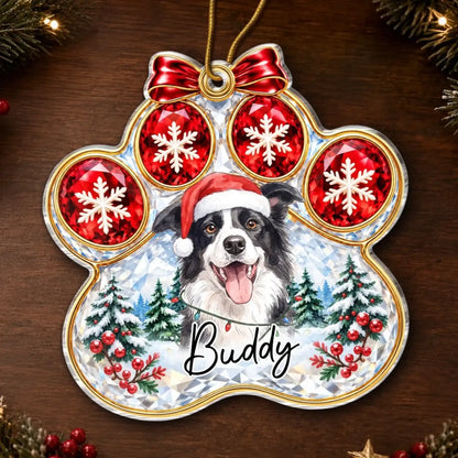 Flat view of paw-shaped pet photo ornament with custom name example