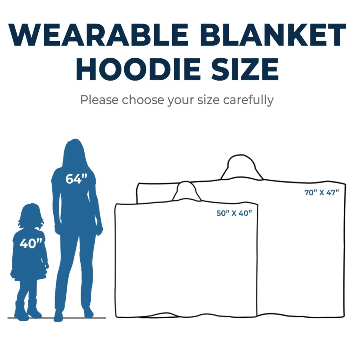 Wearable snuggle blanket size guide comparing 50 by 40 and 70 by 47 inches