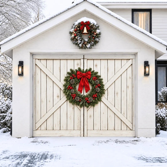Farmhouse Christmas garage door cover showing white barn doors with an evergreen wreath and red bow, single-door view.