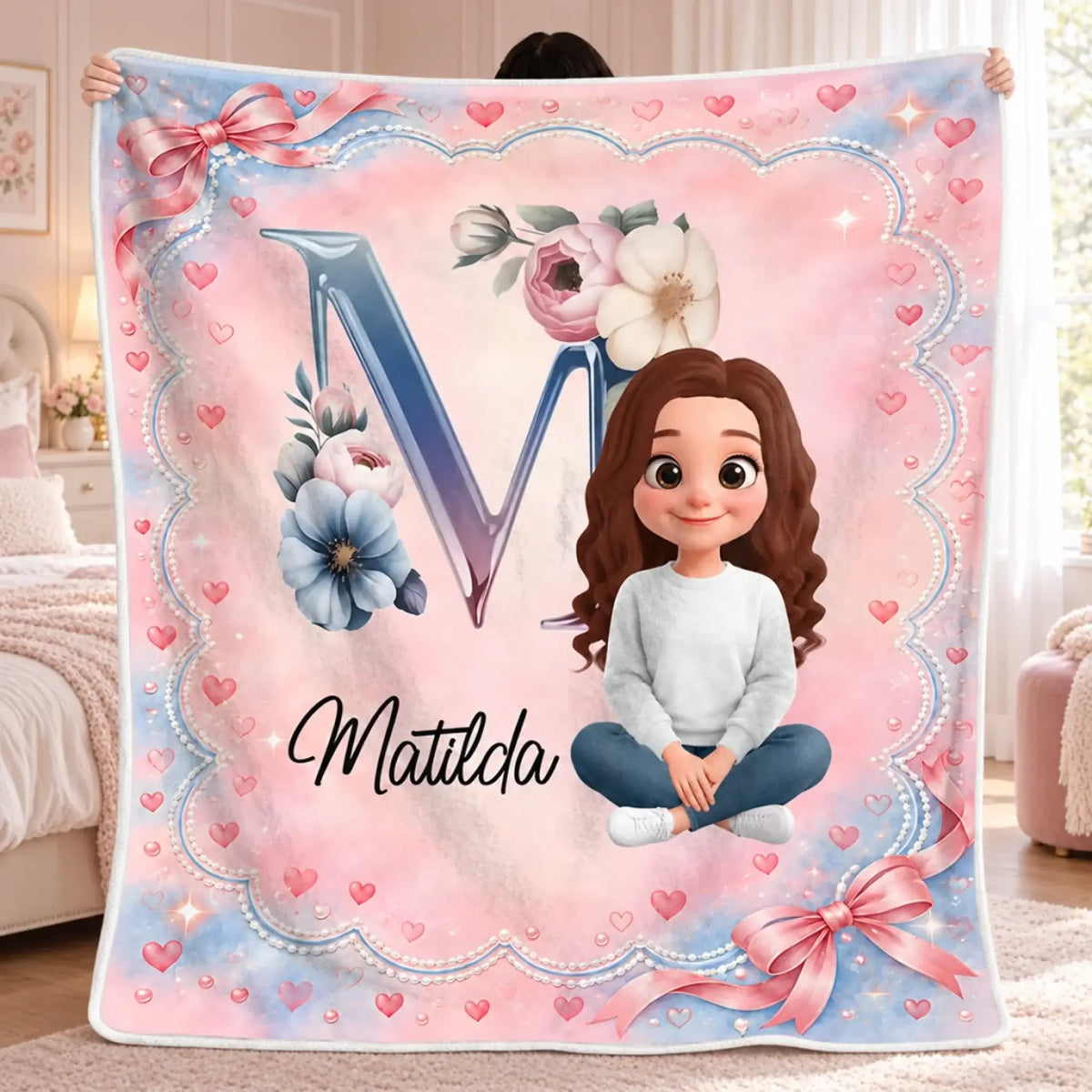Full pink floral monogram blanket with a custom name and illustrated girl